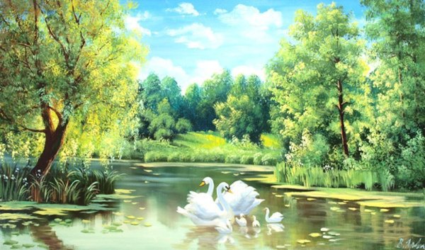 Пейзажи маслом на холсте лебеди