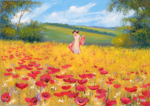 Горный пейзаж с маками