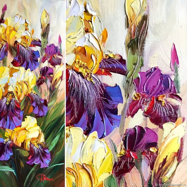 Ирисы маслом на холсте мастихином