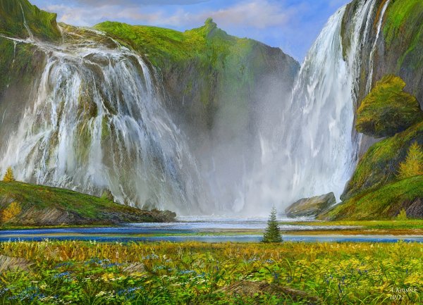 Пейзаж с водопадом и горами