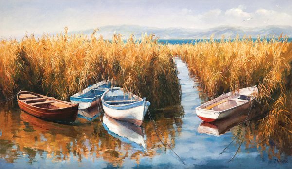 Пейзаж с лодкой живопись