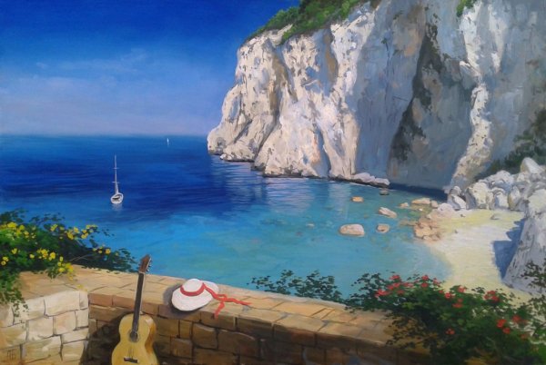 Тропический пейзаж гуашью