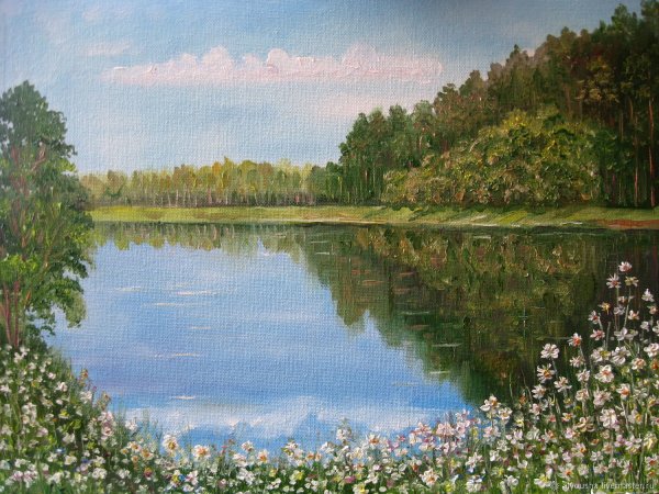 Пейзаж с прудом живопись