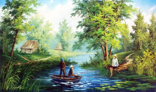 Картина маслом на холсте рыбалка