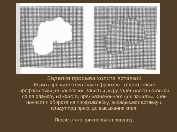 Заделка прорывов холста картины