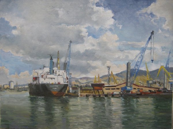 Старая картина корабль в порту