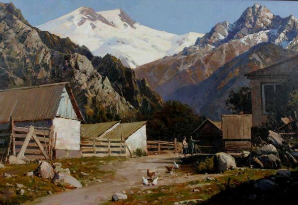 Пейзаж горы Кавказа аул