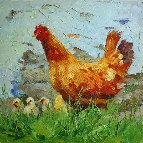 Курица с цыплятами живопись