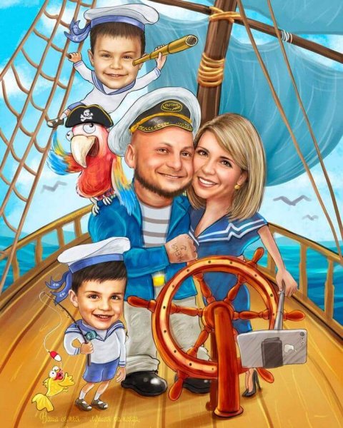 Шарж семейный на корабле
