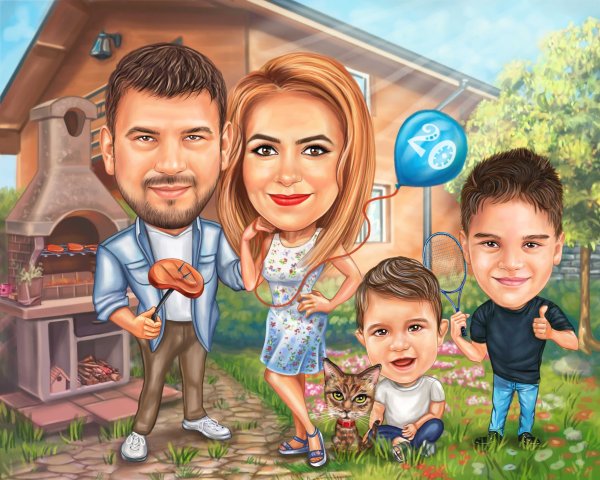 Шарж семьи из 5 человек