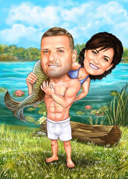 Шарж Рыбак с русалкой