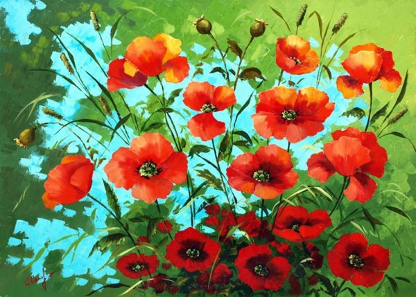 Красивые листья у маков акрилом