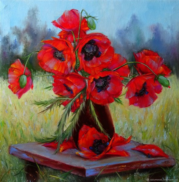 Пейзаж горы акварелью Маковое поле художник