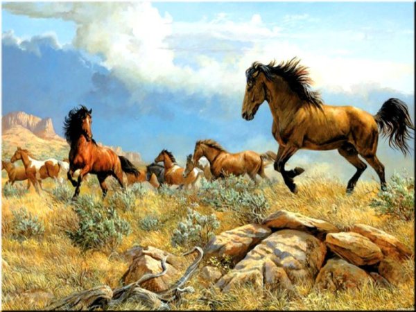 Лошади табун акварель