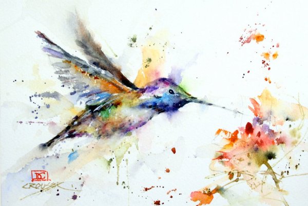 Колибри абстракция акварелью