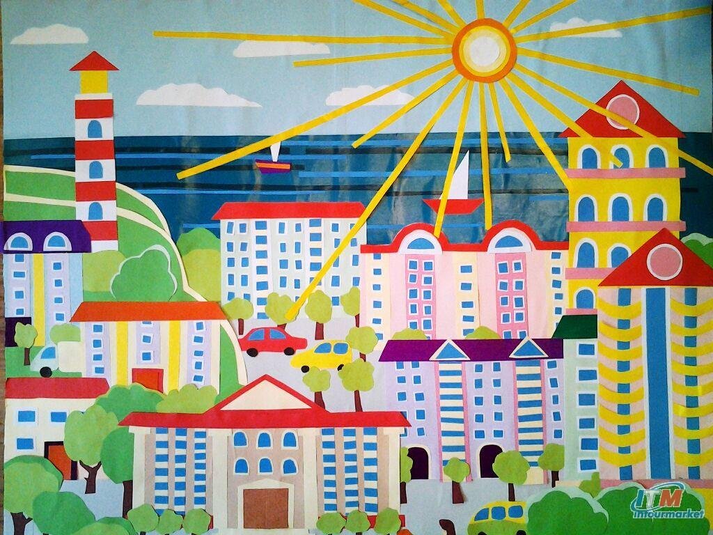 Рисование наш город старшая. Изображение города для детей. Рисование город. Город рисунок для детей. Аппликация город.