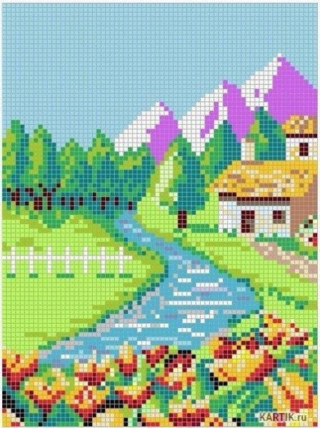 Пейзаж по клеточкам в тетради