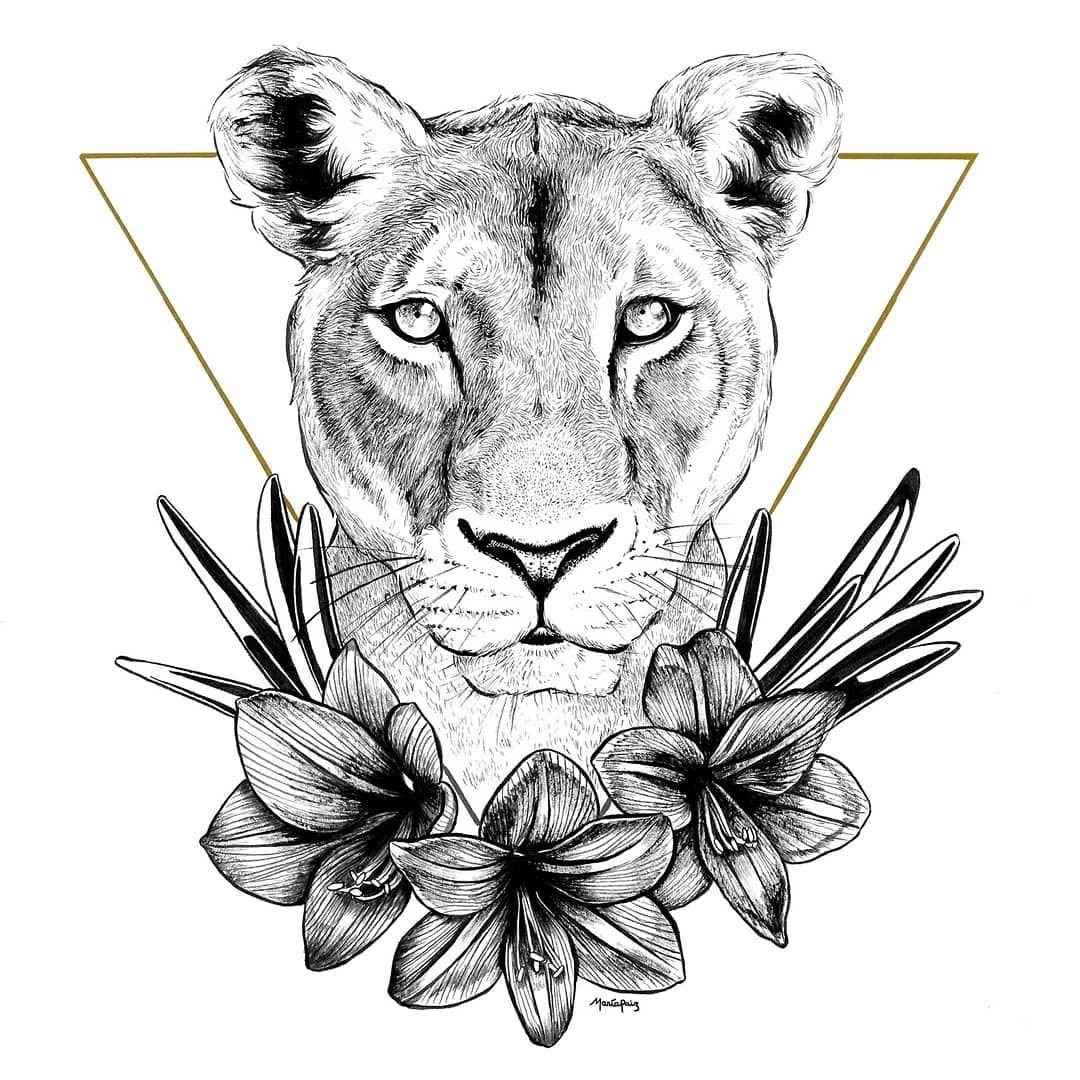 Floral lioness tattoo drawing