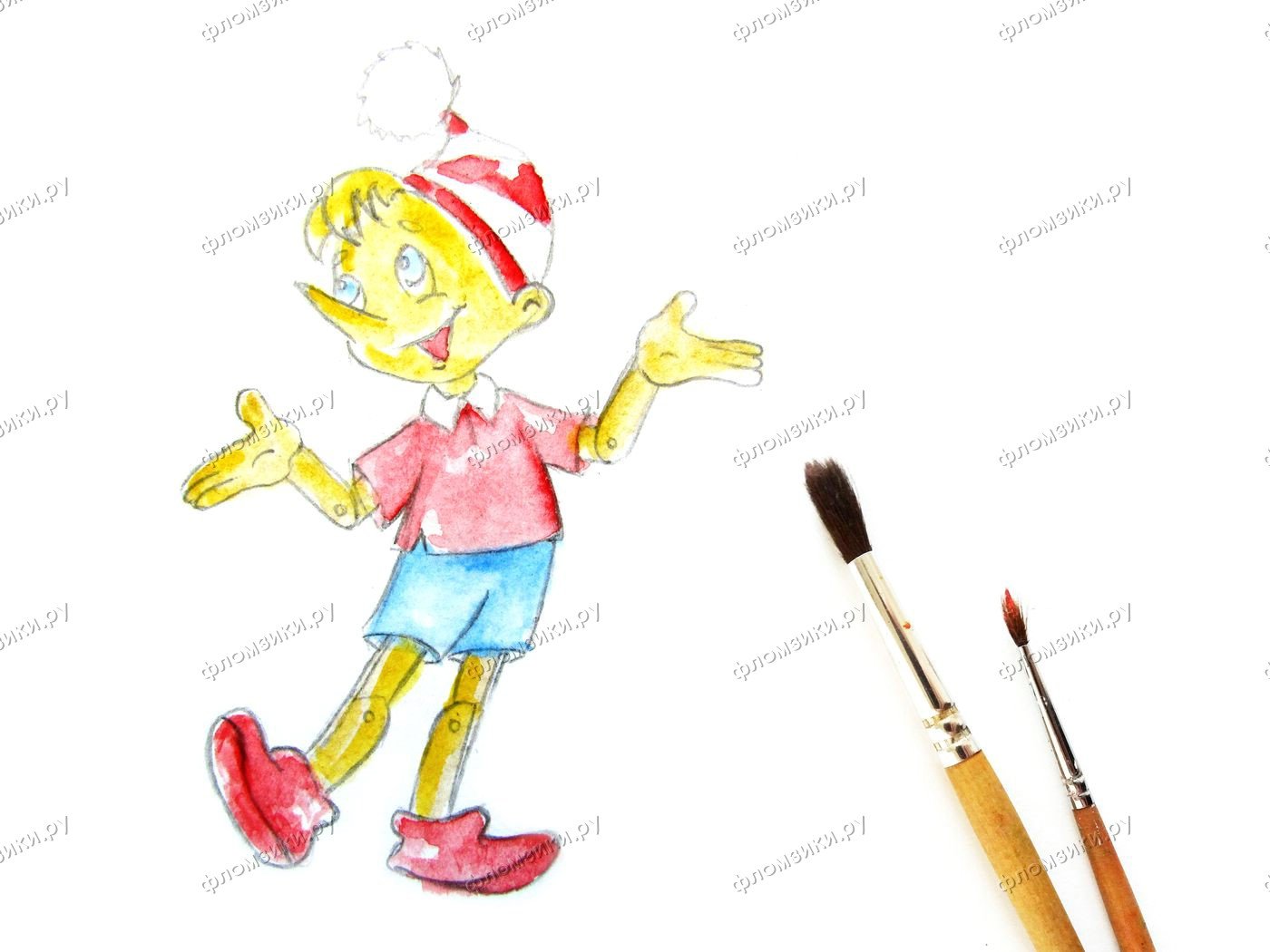 Раскрасить Буратино цветными карандашами