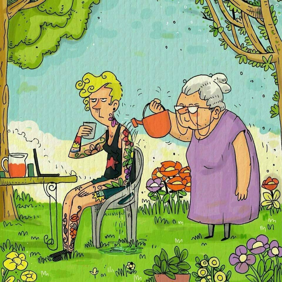 Карикатура бабушка с внучком
