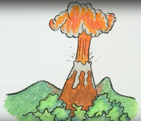 Рисунок вулкана карандашом