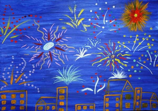 Салют над городом рисование