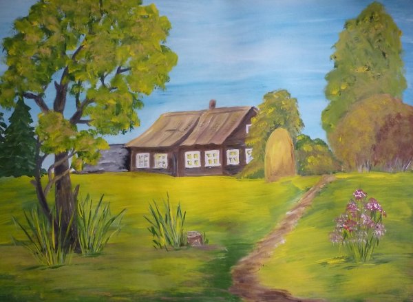 Деревенский пейзаж гуашью