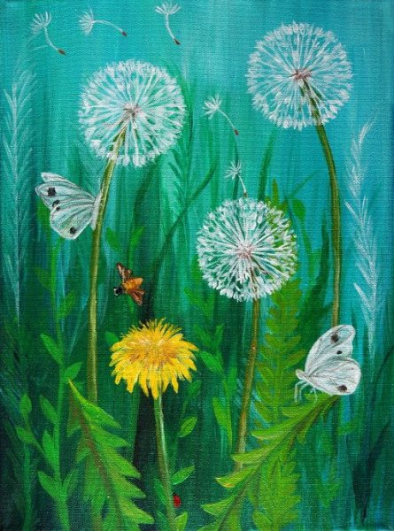 Одуванчики гуашью