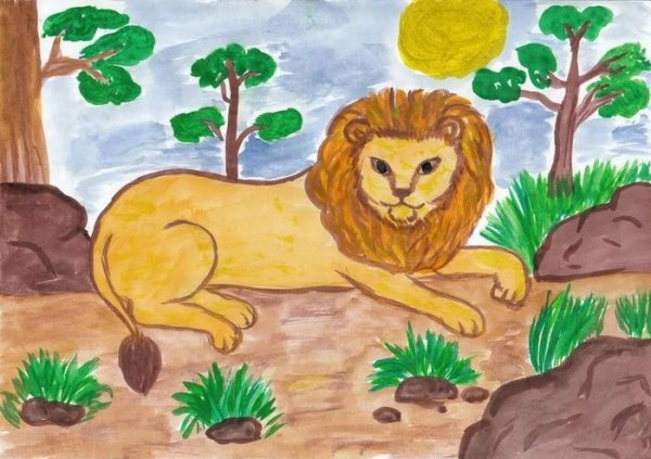 Лев красками для детей