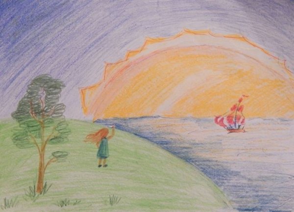 Солнце цветными карандашами