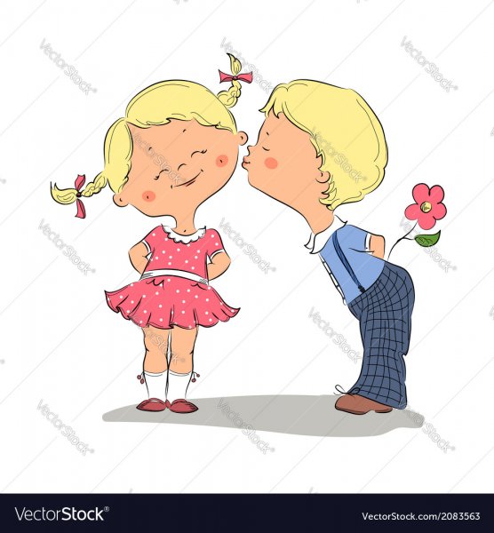 Мультяшная девочка целует мальчика