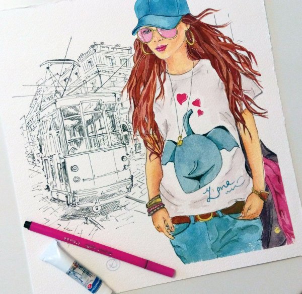 Акварельный скетчинг девушка