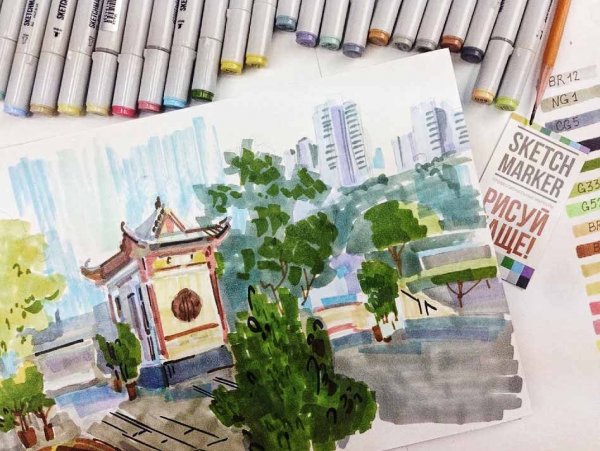 Скетчинг маркерами пейзажи