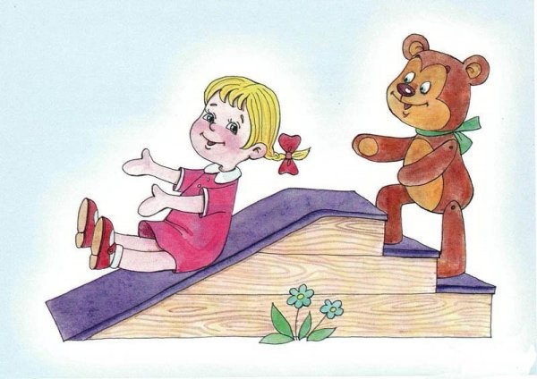 Медвежонок катается с горки с детьми