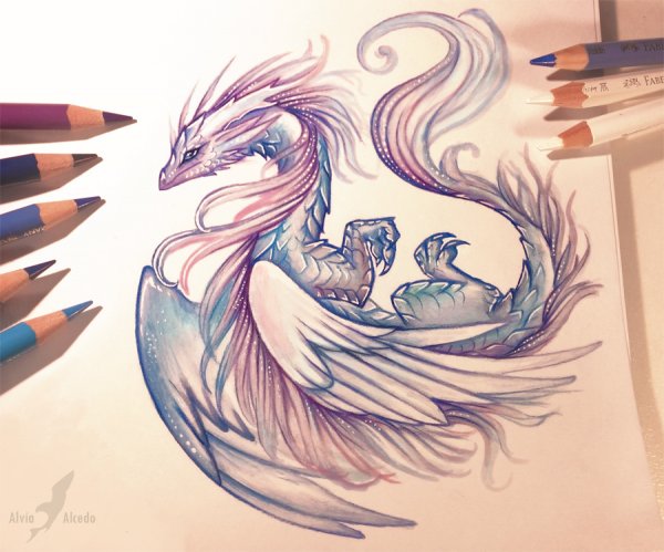 Драконы фэнтези цветным карандашом