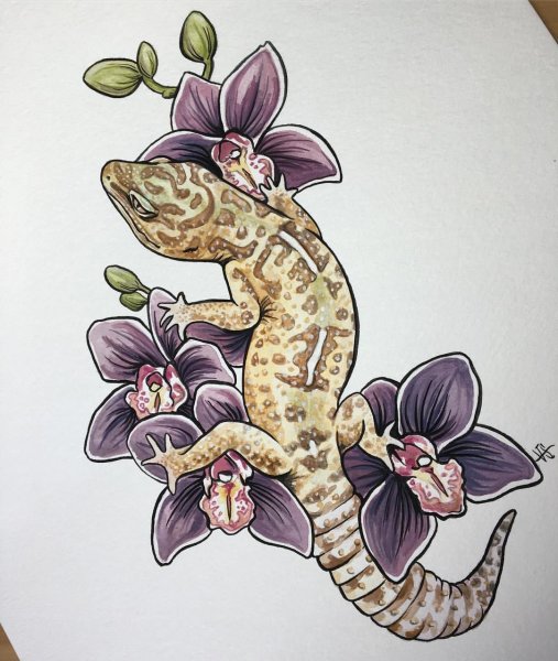 Эскиз ящерица с цветами