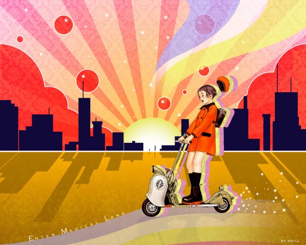 Рисованные обои с самокатом