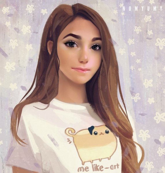 Нарисованная девушка с каштановыми волосами