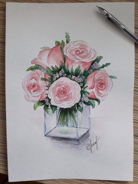 Скетч букет акварель