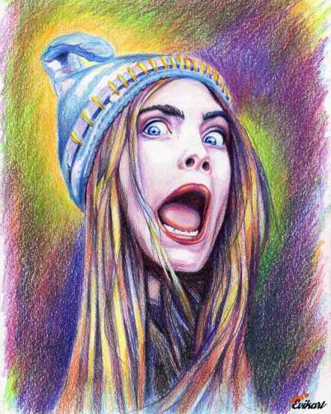 Портрет кары Делевинь пастелью