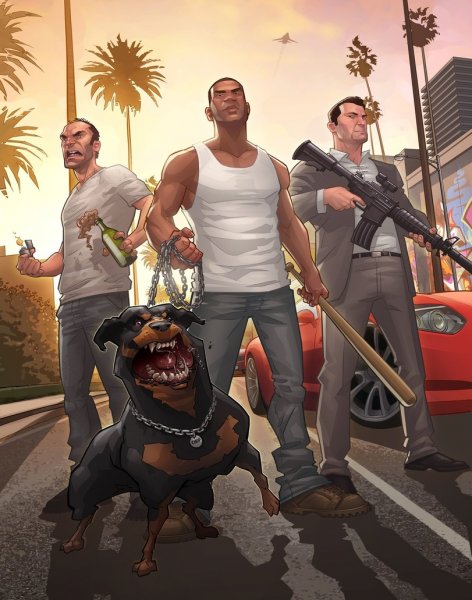 ГТА 5 Майкл Тревор и Франклин и Чоп