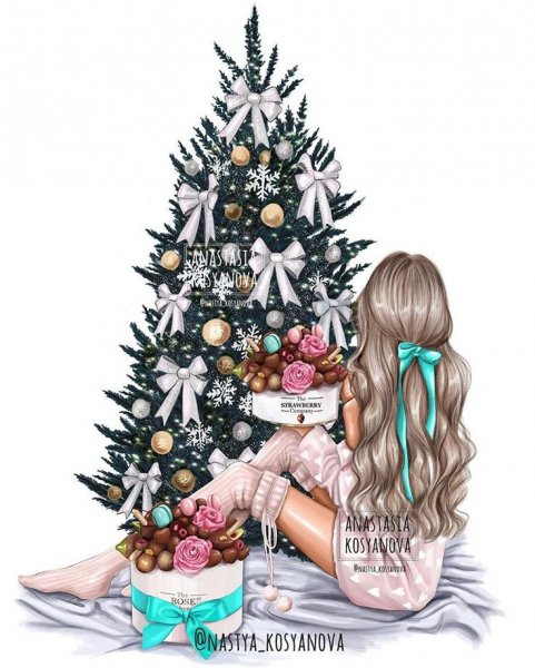 Девушка у елки со спины