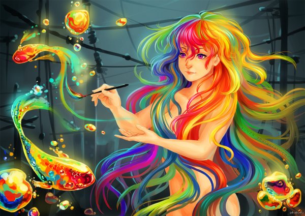 Аниме девушка с радужными волосами