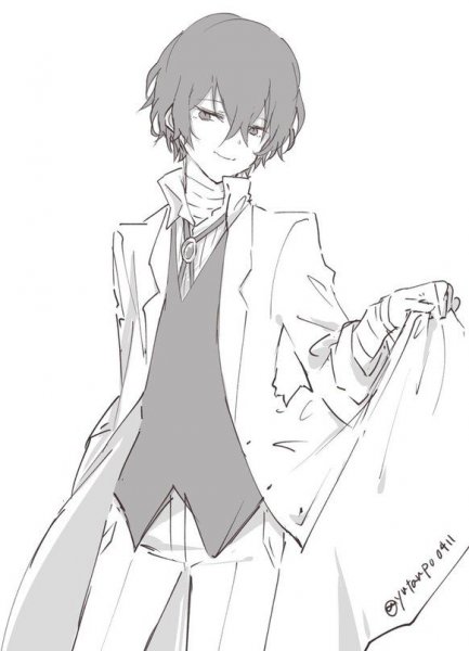 Дадзай Осаму в полный рост черно белый