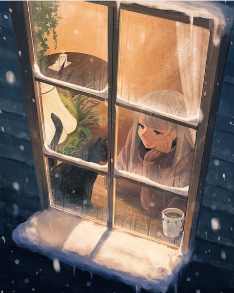 Аниме девочка на подоконнике