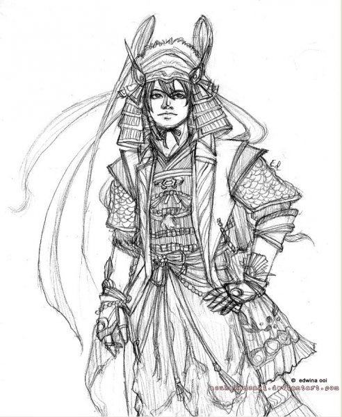 Самурай эскиз карандашом