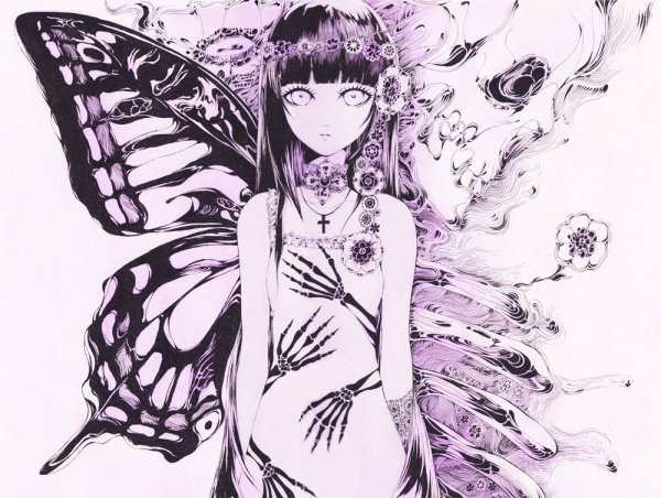 Девушка зарисовка аниме с бабочкой