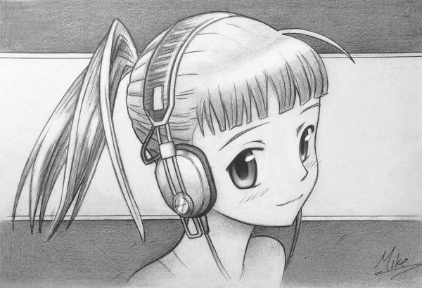 Аниме карандашом с наушниками