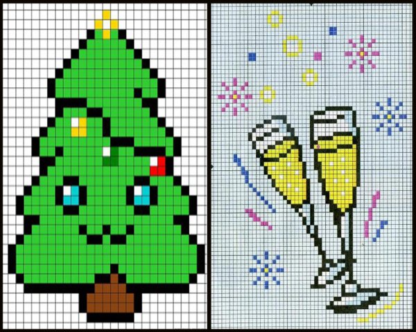 Рисунки по клеточкам в тетради новогодние