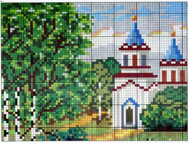 Вышивка крестом Церковь и берёзы